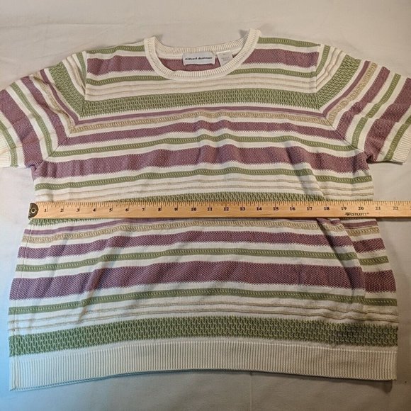 Alfred Dunner Purple Green Cream Striped Knit Short Sleeve Sweater Shirt Top XL - Picture 7 of 9